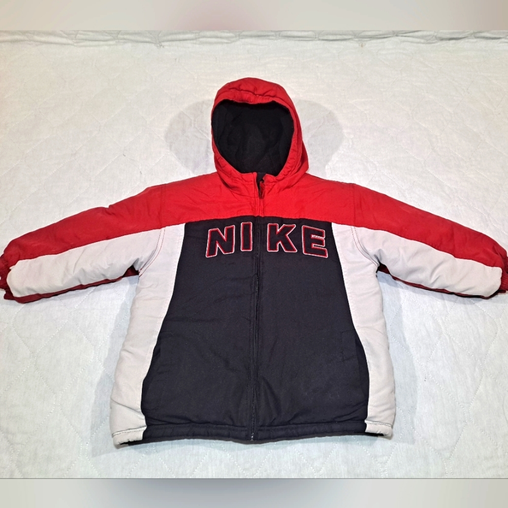 Nike Hoodie Puffed Jacket Boy's 5 Unisex Red/Black/Gray Zip-up Lined Warm & Cozy